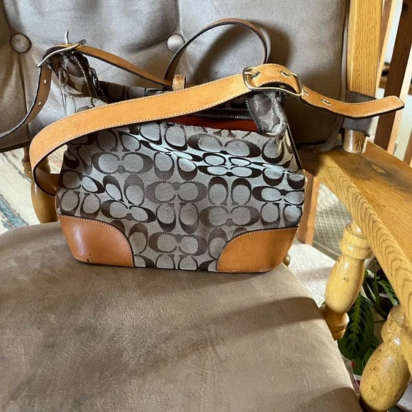 Coach Brown and Tan Signature Tote Bag, Vintage leather strap and bottom. - Picture 2 of 7